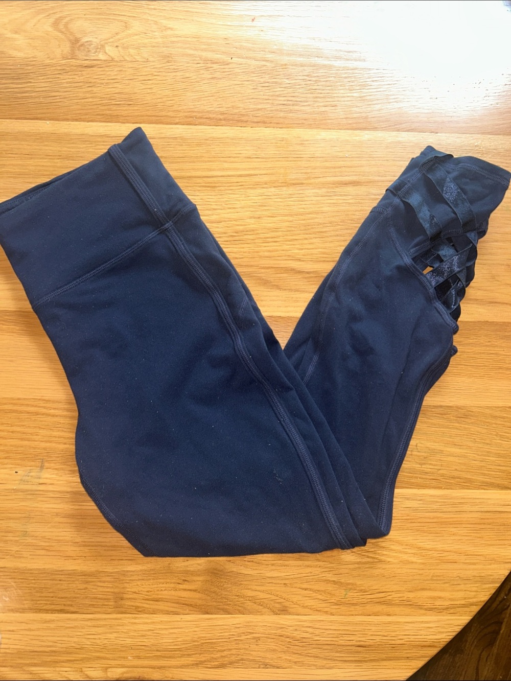 Womens Navy Blue Lattice-Detail Leggings